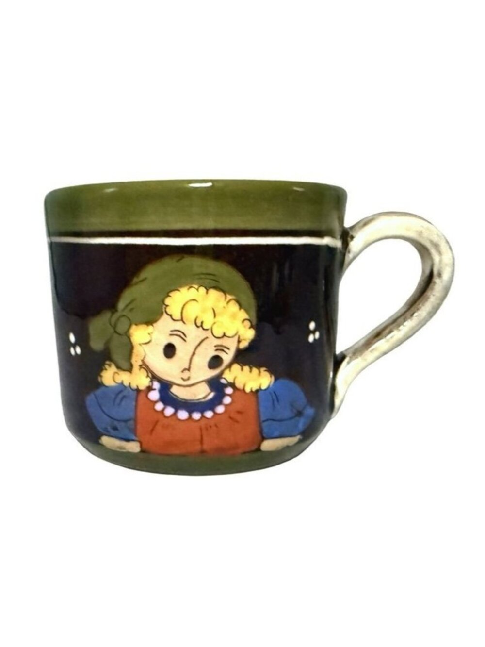 Vintage MCM Hugo Kohler Biel Swiss Pottery Mug Green/Brown Girl & Animal Design